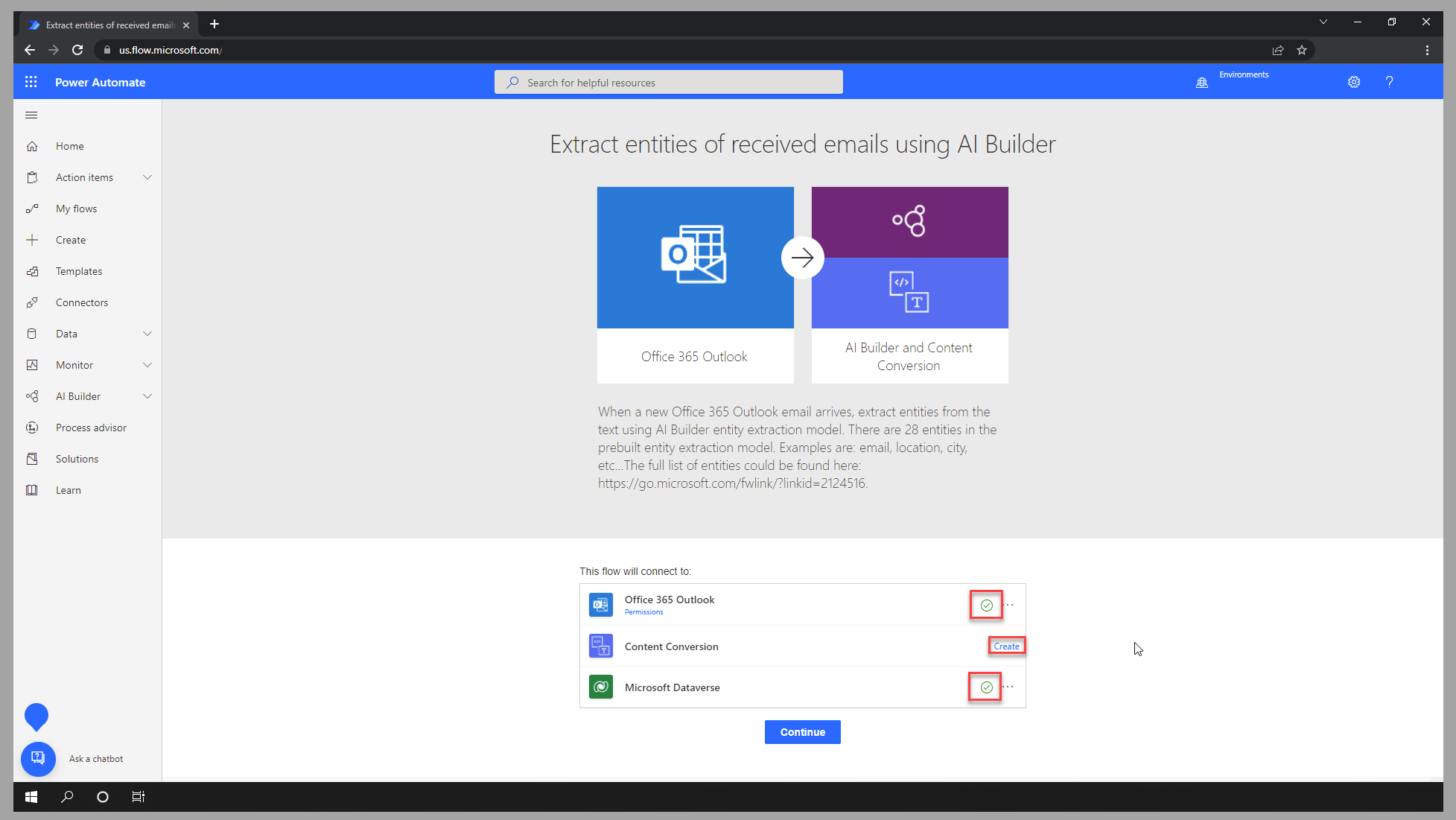 Screenshot of the Power Automate studio, showing the Extract entities of received emails using AI Builder template, highlighting the Create connection option.