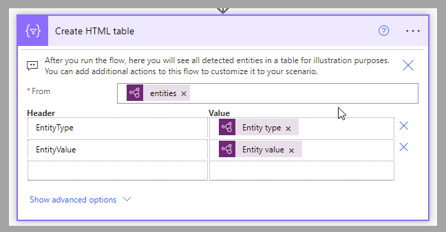 Screenshot of the Power Automate cloud flow action of Create HTML table.