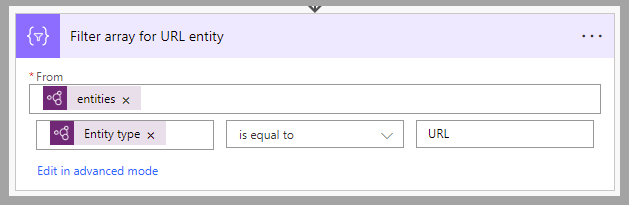Screenshot of the Power Automate cloud flow action of Filter array for the URL entity.