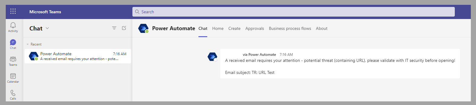 Screenshot of the Teams notification that was sent from the Power Automate cloud flow.