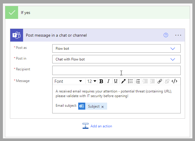 Screenshot of the Power Automate cloud flow action of Post message in a chat or channel.