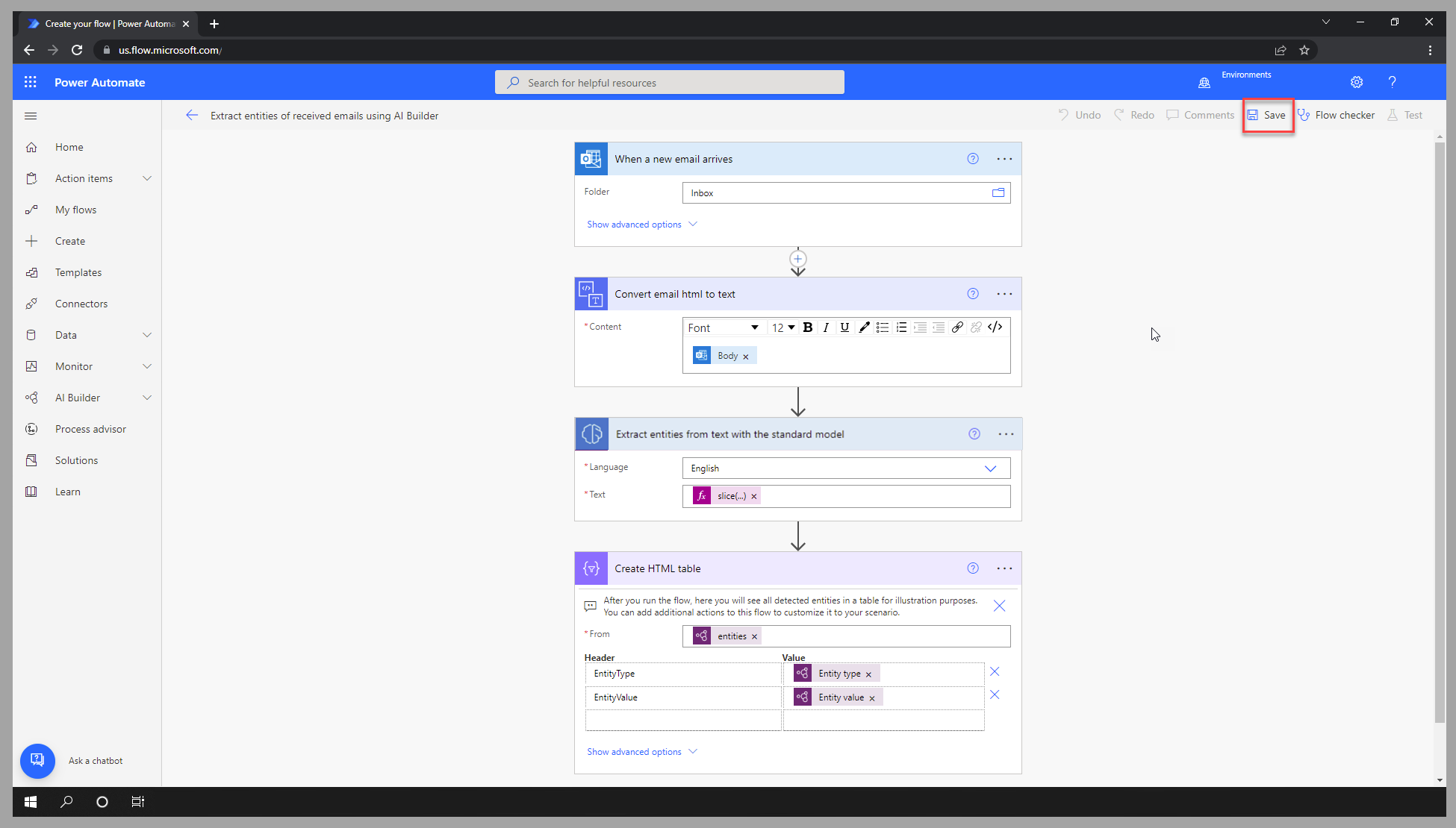 Screenshot of the Power Automate cloud flow designer, showing the Extract entities of received emails using AI Builder template, highlighting the Save option.