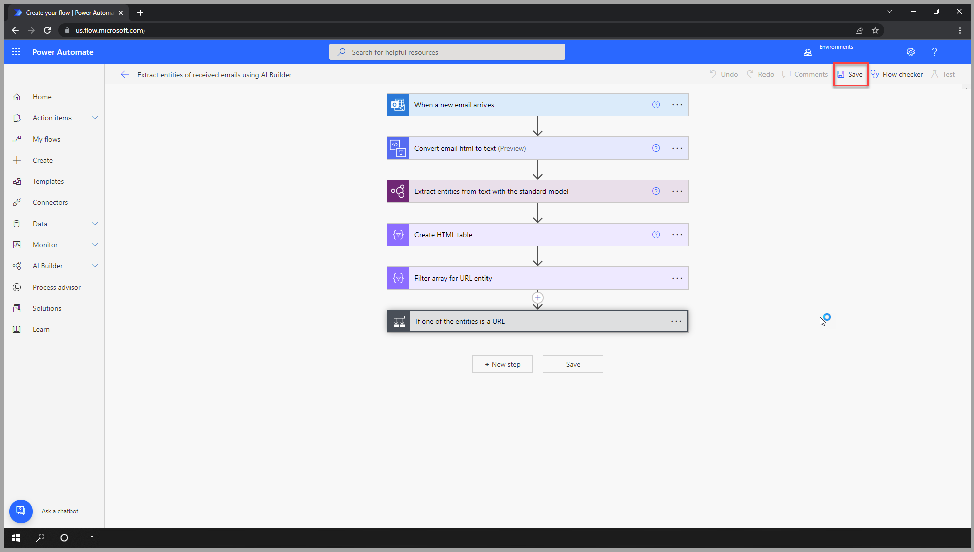Screenshot of the Power Automate cloud flow, highlighting the Save option.