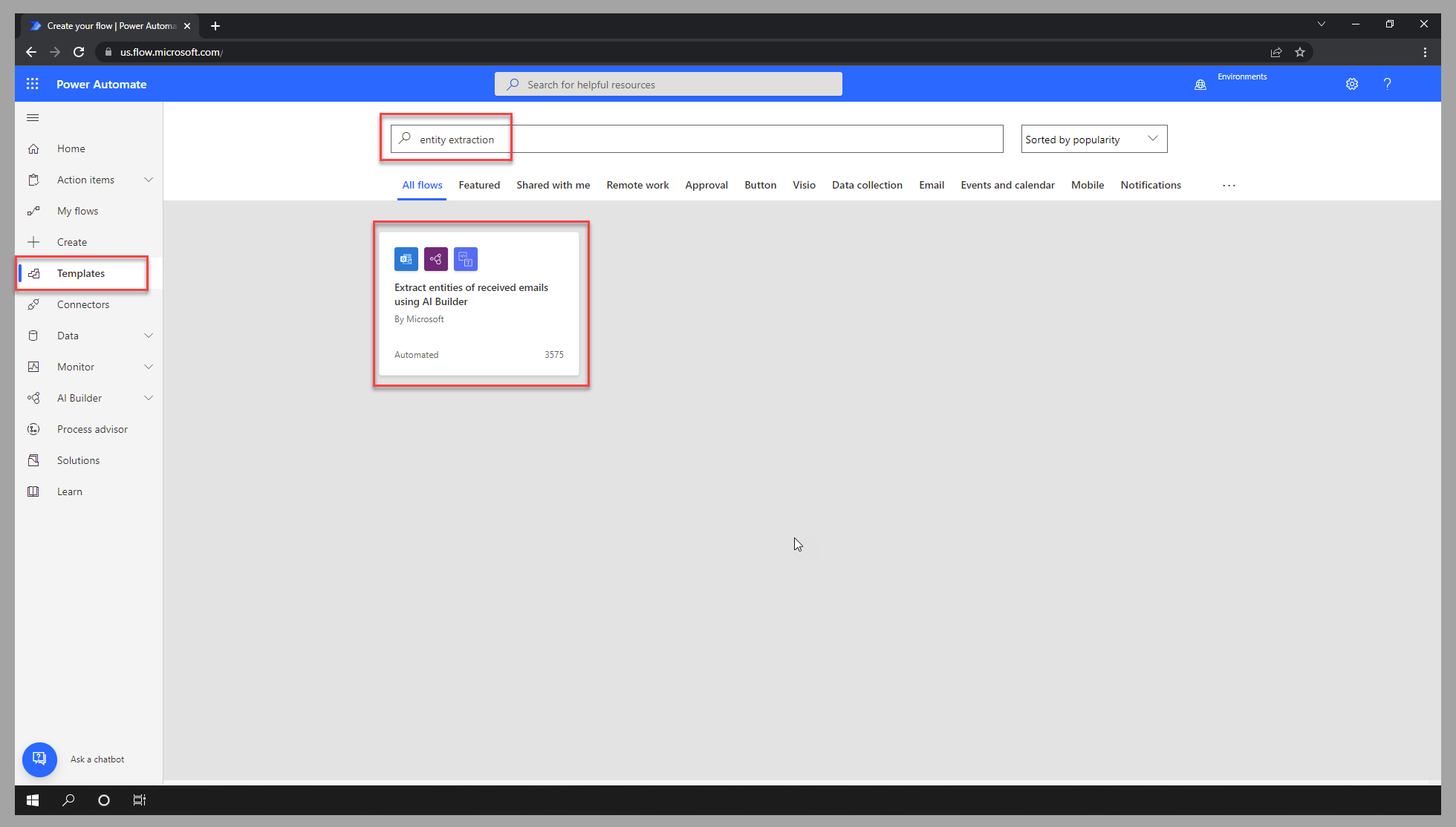 Screenshot of the Power Automate studio, displaying the results for a template search on entity extraction.
