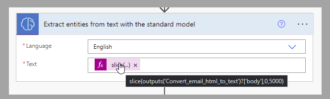 Screenshot of the Power Automate cloud flow action, Extract entities from text with the standard model, highlighting the slice formula.