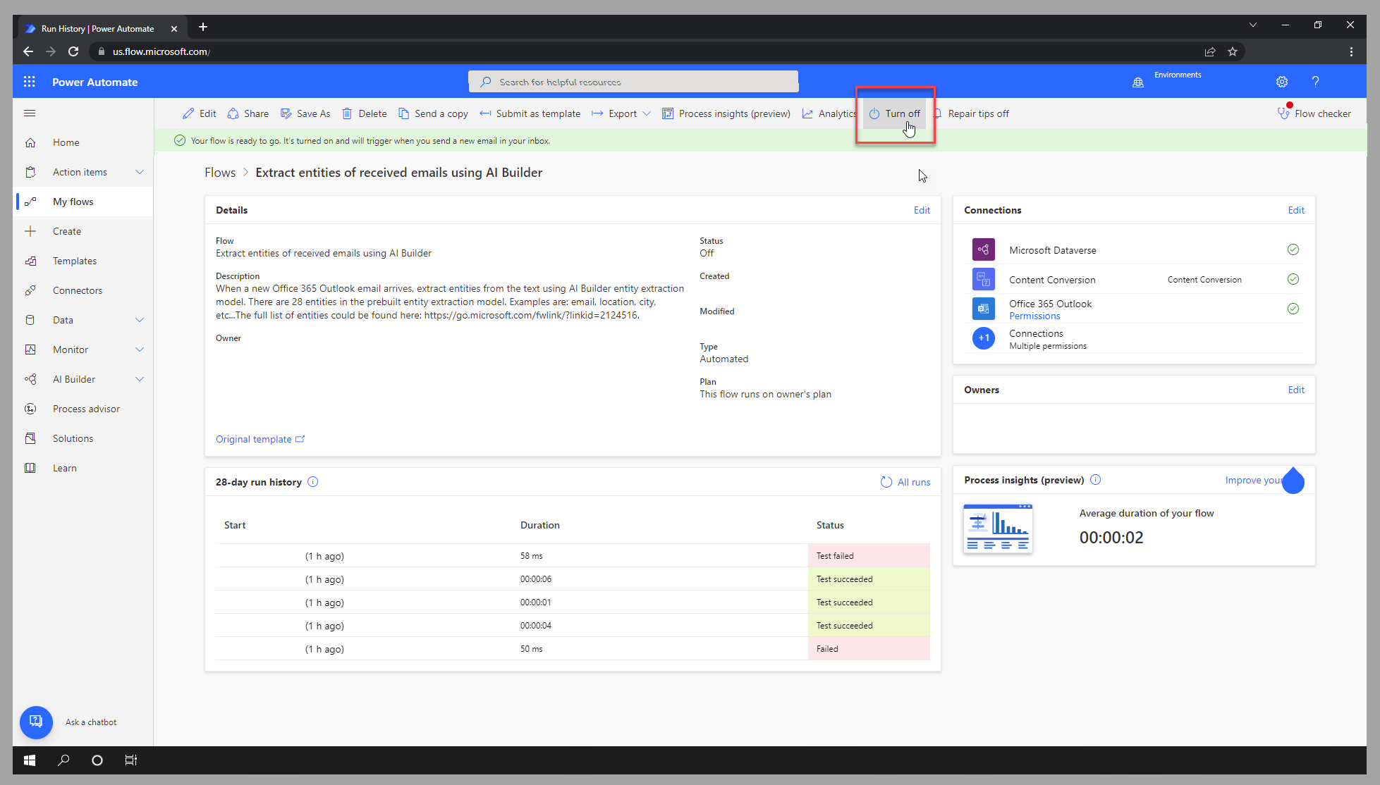 Screenshot of the cloud flow in Power Automate studio, highlighting the Turn off option.