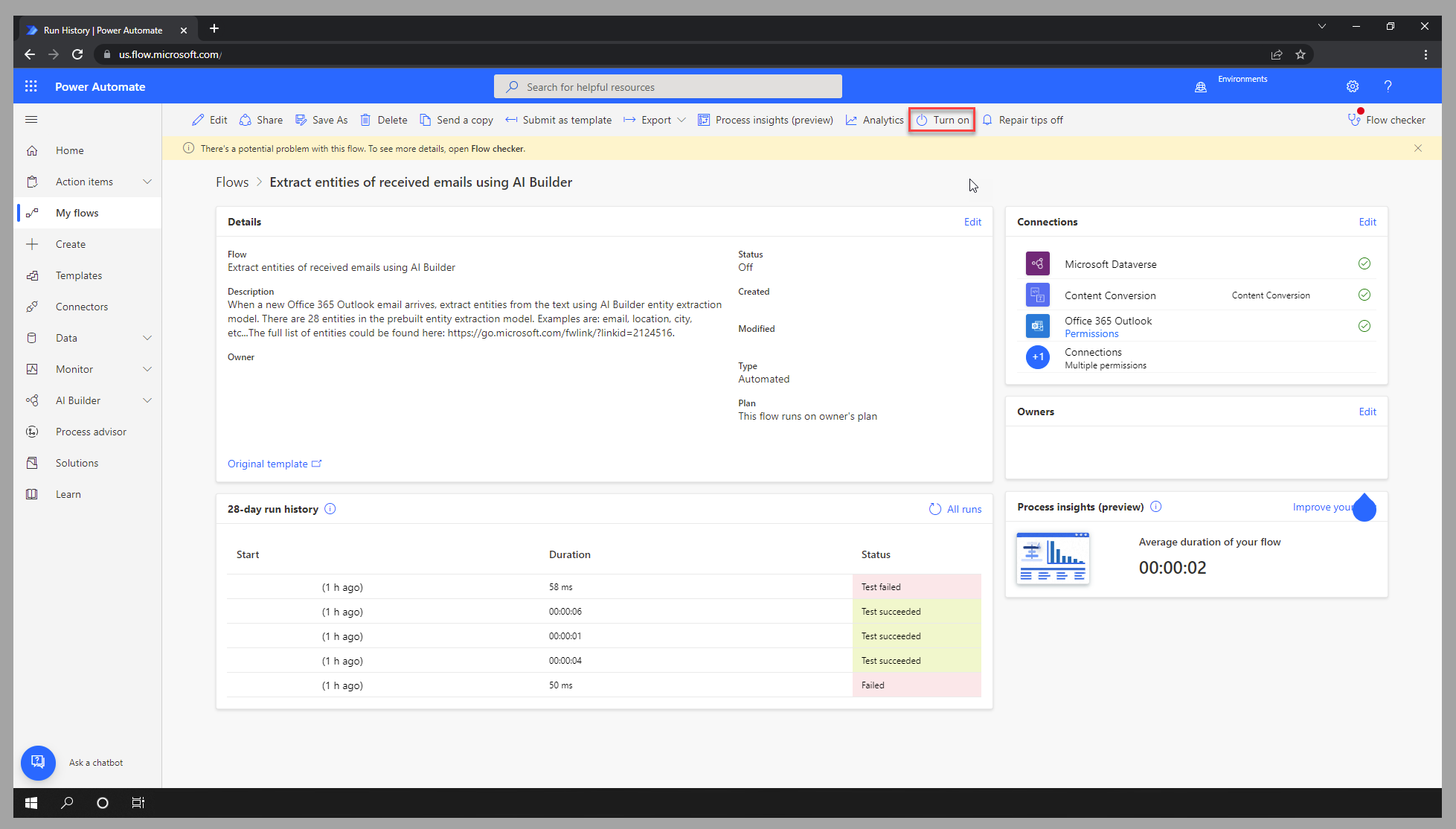 Screenshot of the cloud flow in Power Automate studio, highlighting the Turn on option.
