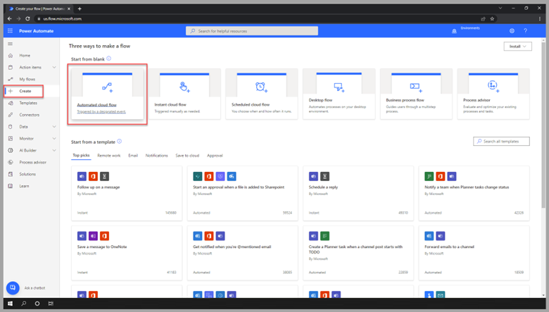 Screenshot of Power Automate Studio with Create and Automated cloud flow options selected.
