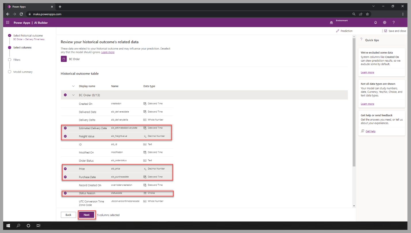 Screenshot of the AI Builder prediction model, highlighting the selected table and column values.