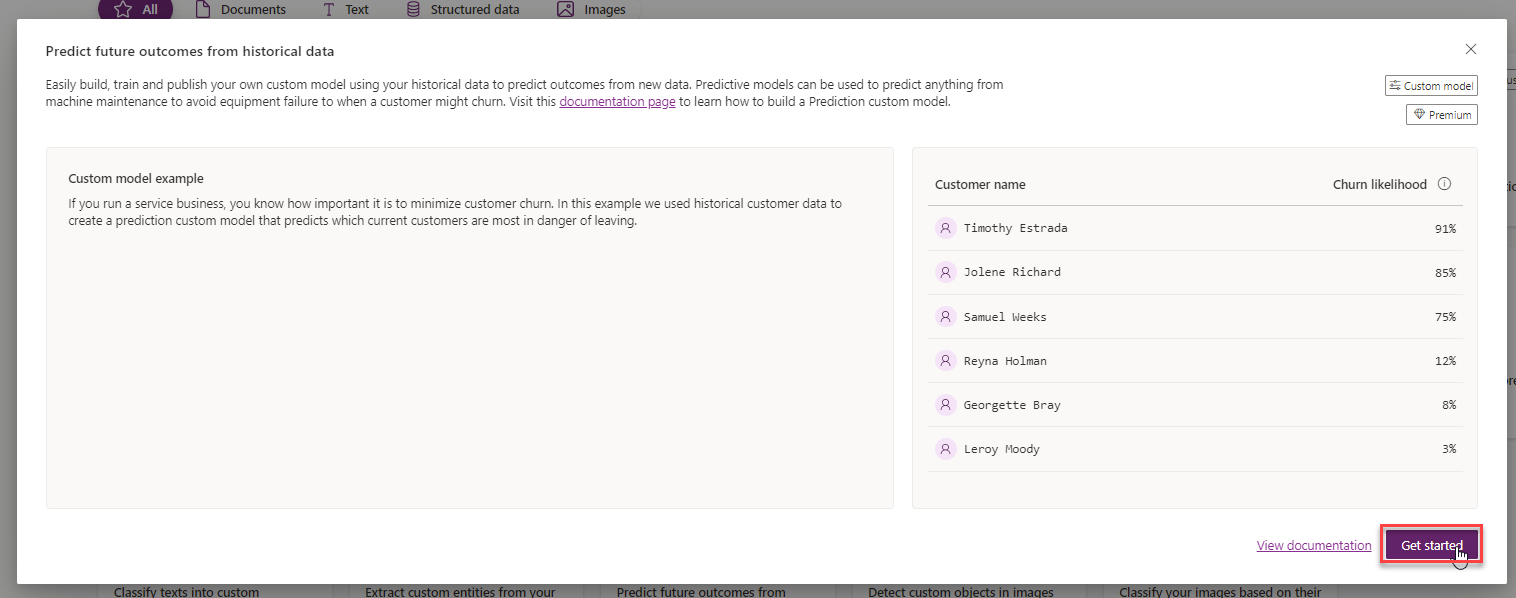 Screenshot of the AI Builder prediction model with the Get started option highlighted.