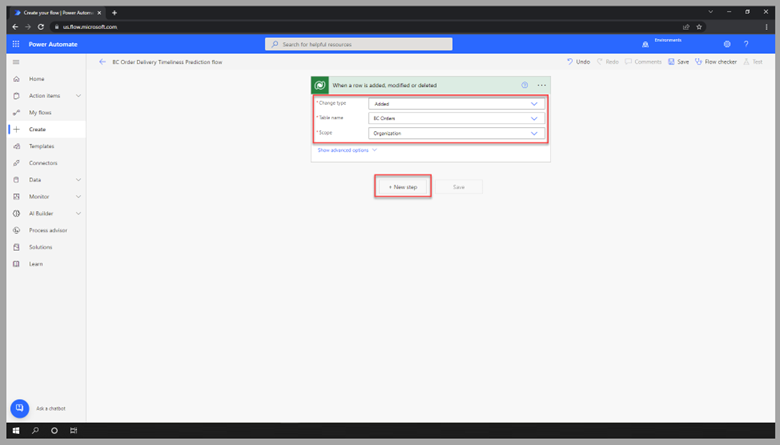 Screenshot of Power Automate Studio with add flow fields and the New step option selected.