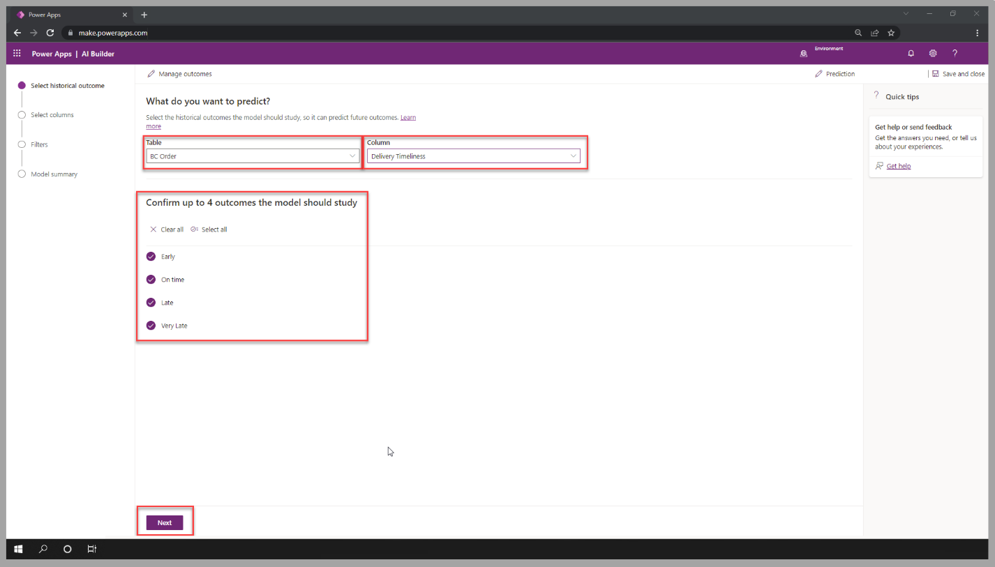 Screenshot of the AI Builder prediction model, highlighting the table and column value selection and confirmation of the four possible outcomes.