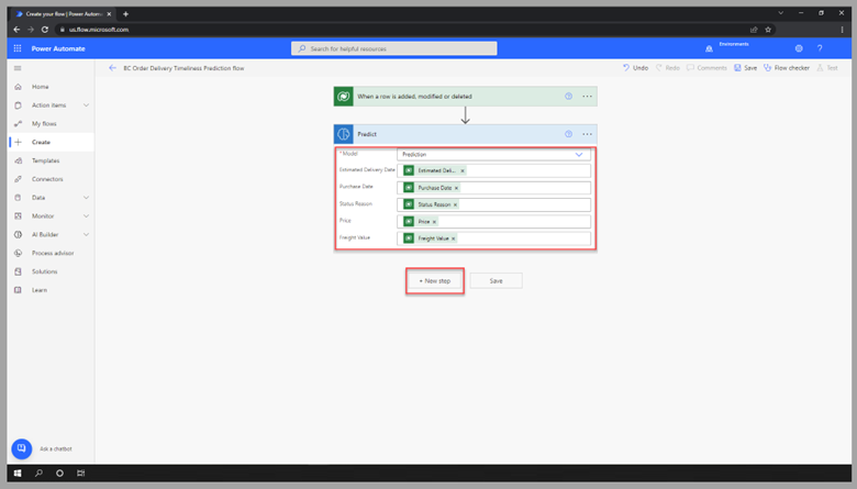 Screenshot of Power Automate Studio with predict fields completed.