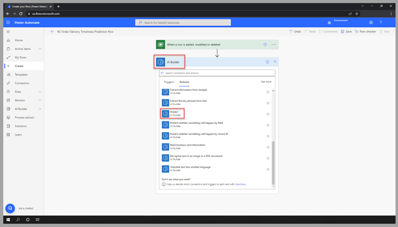 Screenshot of Power Automate Studio with AI Builder and Predict selected.