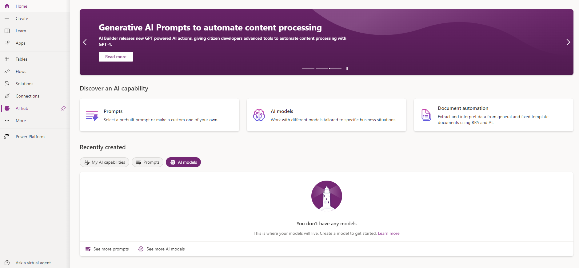 Screenshot of Power Apps Studio, displaying the prediction model tile and AI Builder navigation menu.