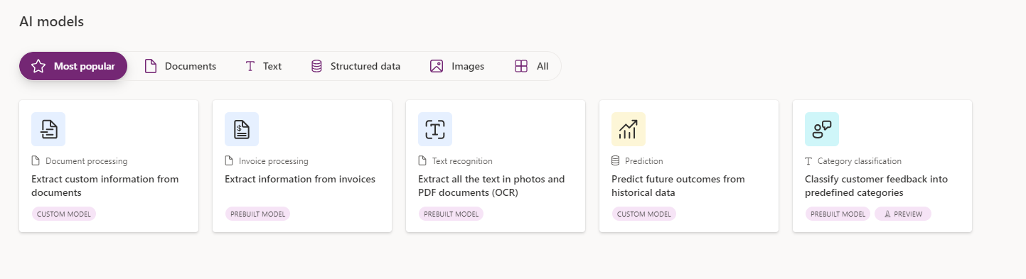 Screenshot of Power Apps Studio, displaying the prediction model tile Get Started menu.