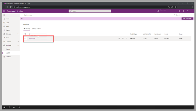 Screenshot of the AI Builder prediction model with the prediction highlighted.