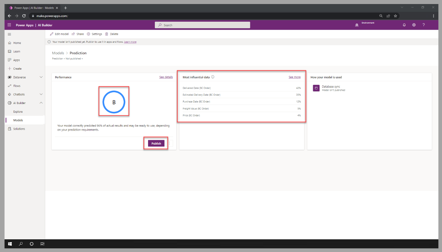 Screenshot of the AI Builder prediction model, highlighting the satisfactory level, data, and the Publish option.