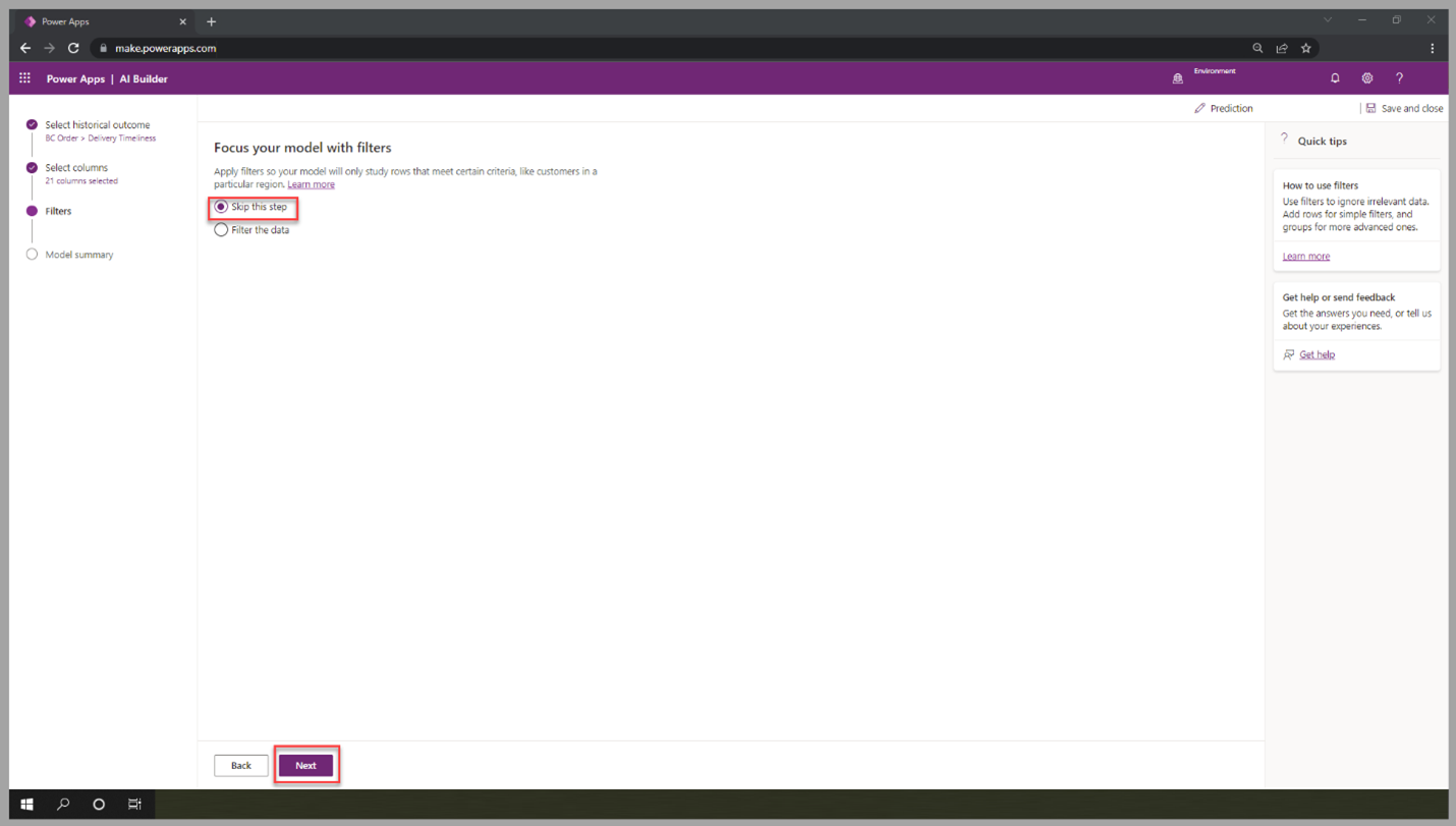 Screenshot of the AI Builder prediction model, highlighting the Skip this step and the Next options.