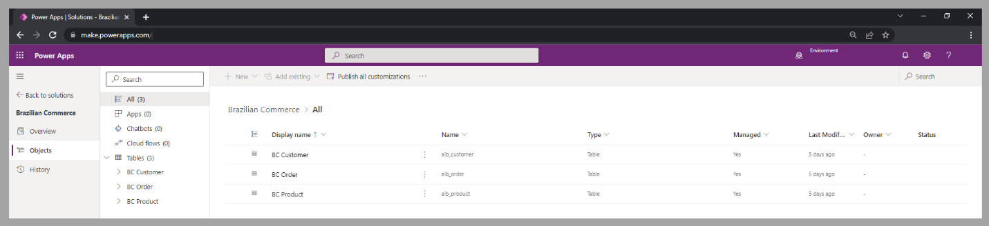 Screenshot of the Brazilian Commerce solution in Microsoft Power Apps Studio, displaying the list of imported tables.