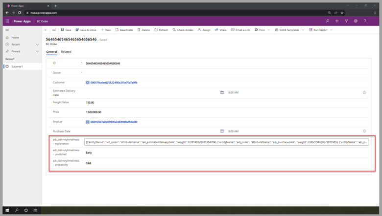 Screenshot of Power Automate Studio, showing the prediction model and flow being tested.