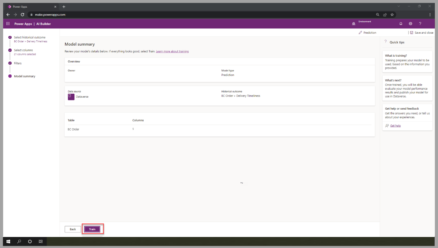 Screenshot of the AI Builder Prediction model, highlighting the Train option.