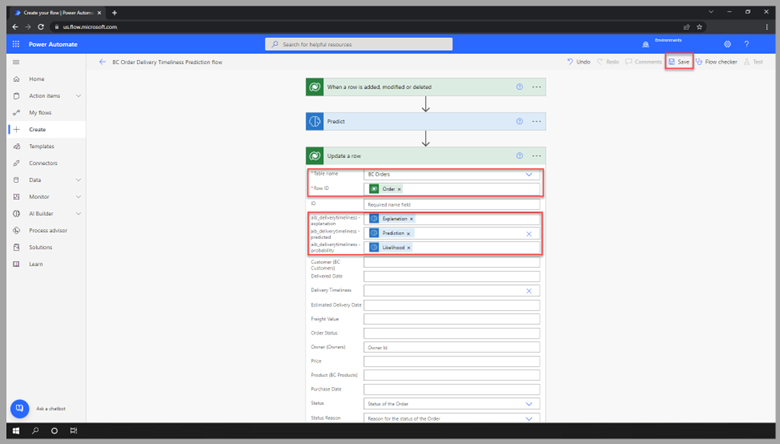 Screenshot of Power Automate Studio with Update a row fields completed and Save selected.
