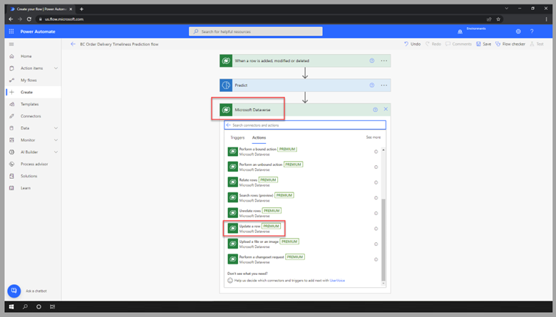 Screenshot of Power Automate Studio with Dataverse and Update a row selected.