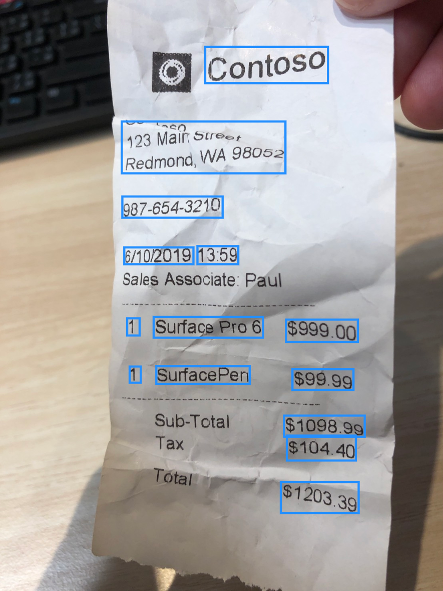 Image of Contoso receipt with address, phone number, date and time, purchased items, and dollar amounts.