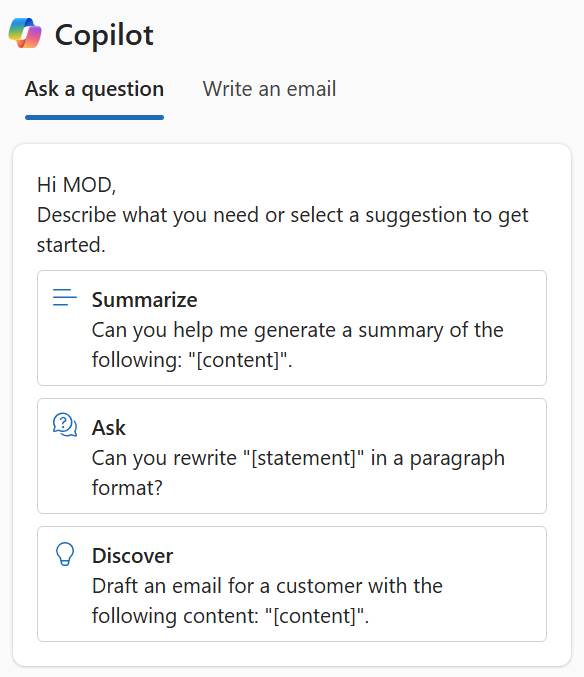 Screenshot of the Copilot help pane in Copilot Service workspace showing conversation summary and suggested responses.