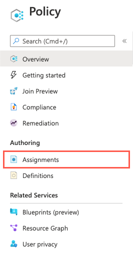 Screenshot of the Policy service navigation panel that shows the location of the Assignments option.