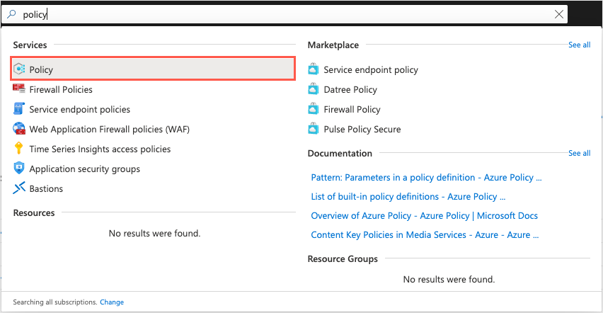 Screenshot of the general Azure portal search box with a result that shows the Azure Policy service.