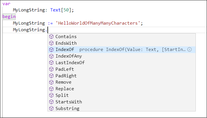 Screenshot of support for .NET string functions.