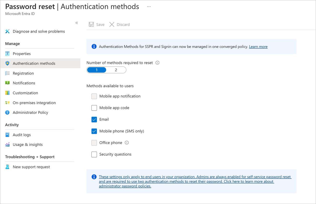 Screenshot of the Password Reset panel's Authentication methods option selected displaying panel with authentication options.