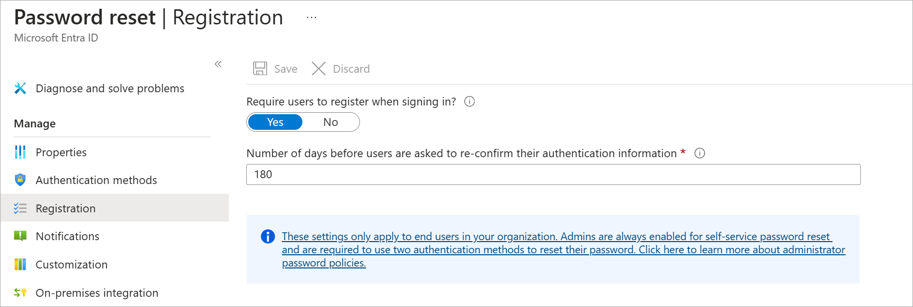Screenshot of the Password Reset panel's Registration option selected displaying panel with registration options.