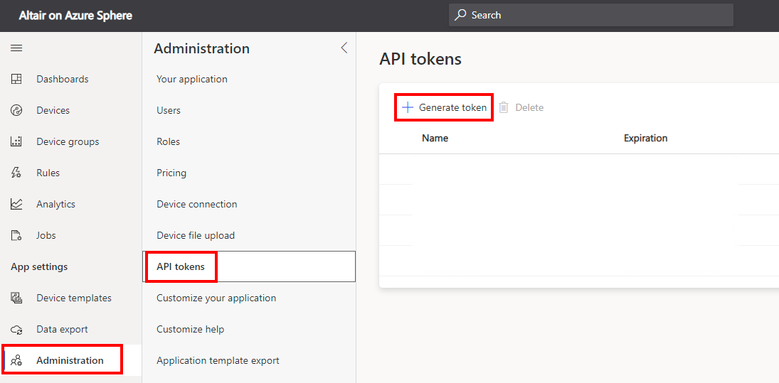 Screenshot of the API tokens pane with the button for generating a token.