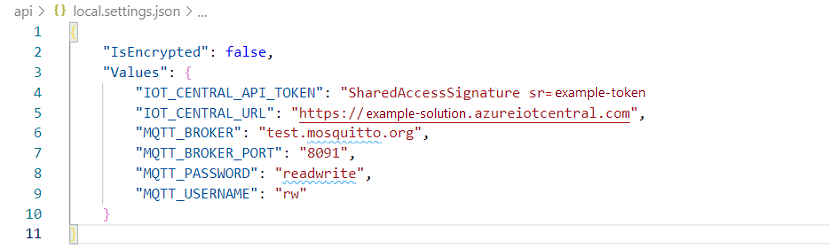 Screenshot that shows an example of your local.settings.json file.