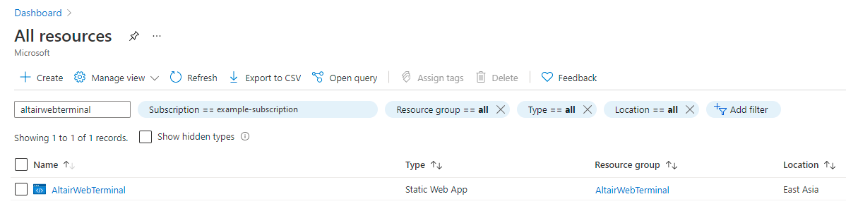 Screenshot of the Azure portal resource filter box and results list, displaying the AltairWebTerminal static web app.
