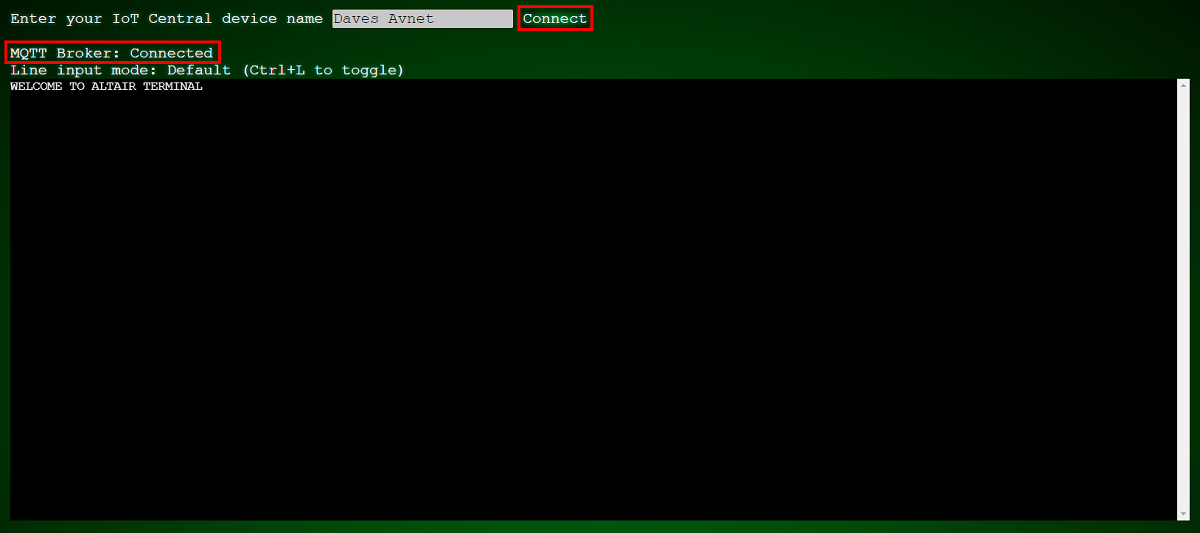 Screenshot that shows that the web terminal has connected successfully to the MQTT broker.
