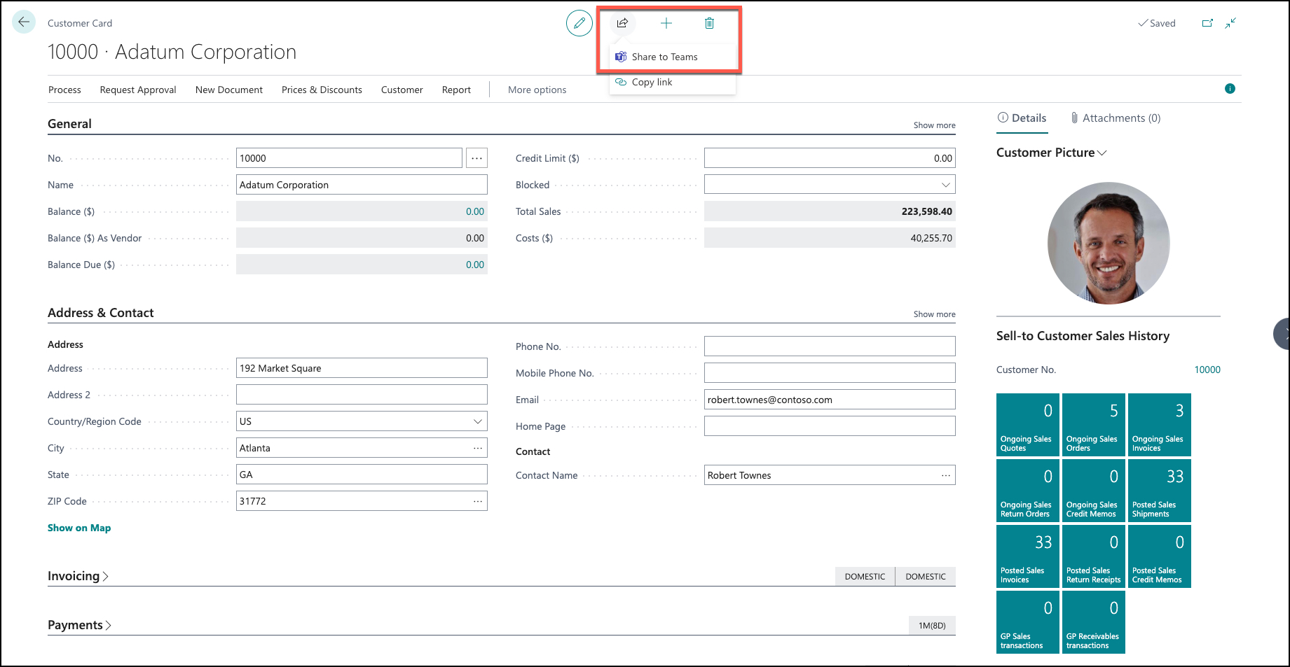 Screenshot showing the Share to Teams option in Business Central.