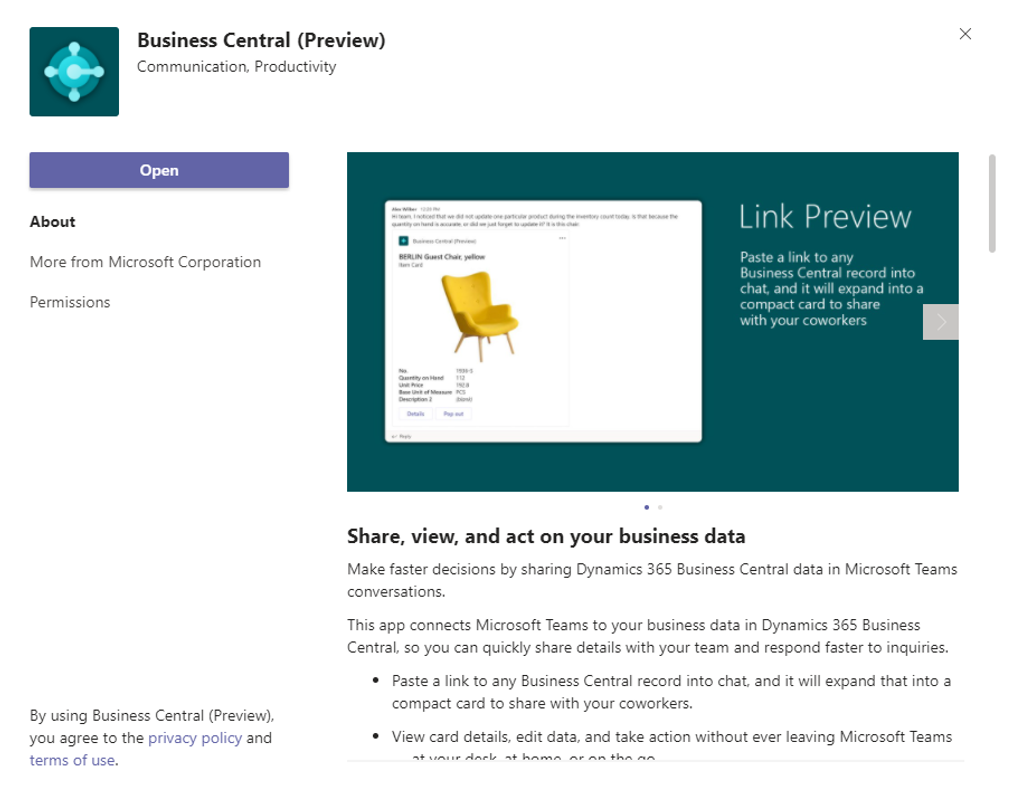 Screenshot of the Business Central app dialog box.