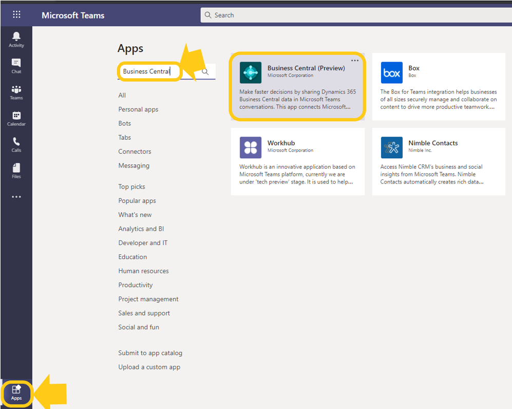 Screenshot of the Apps screen in Microsoft Teams showing search results for Business Central with the app highlighted.