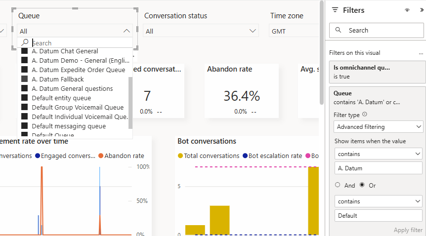 Screenshot of report filters and groups panel in Copilot Service workspace analytics.