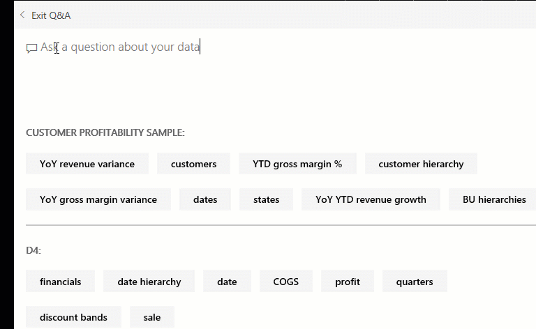 Animated image of Power BI answering Q&A questions.