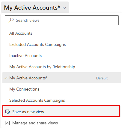 Screenshot showing the Save as new view menu option.
