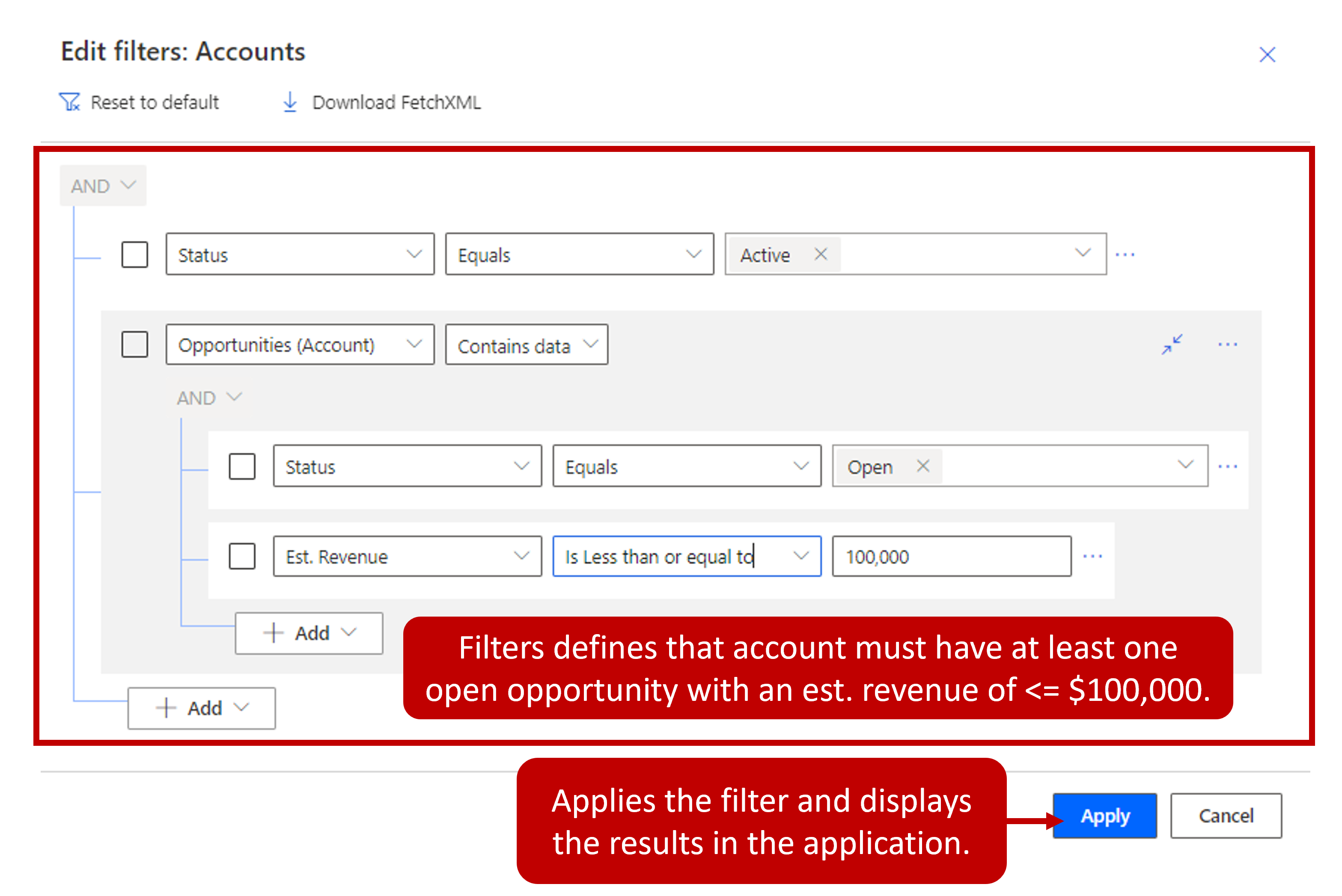 Filter criteria example highlights the Results button, which runs the query and populates the results. Also the Details button, which makes the filter criteria editable. The section showing filter details that define accounts that have at least one open opportunity with and estimated revenue of greater than $100,000.