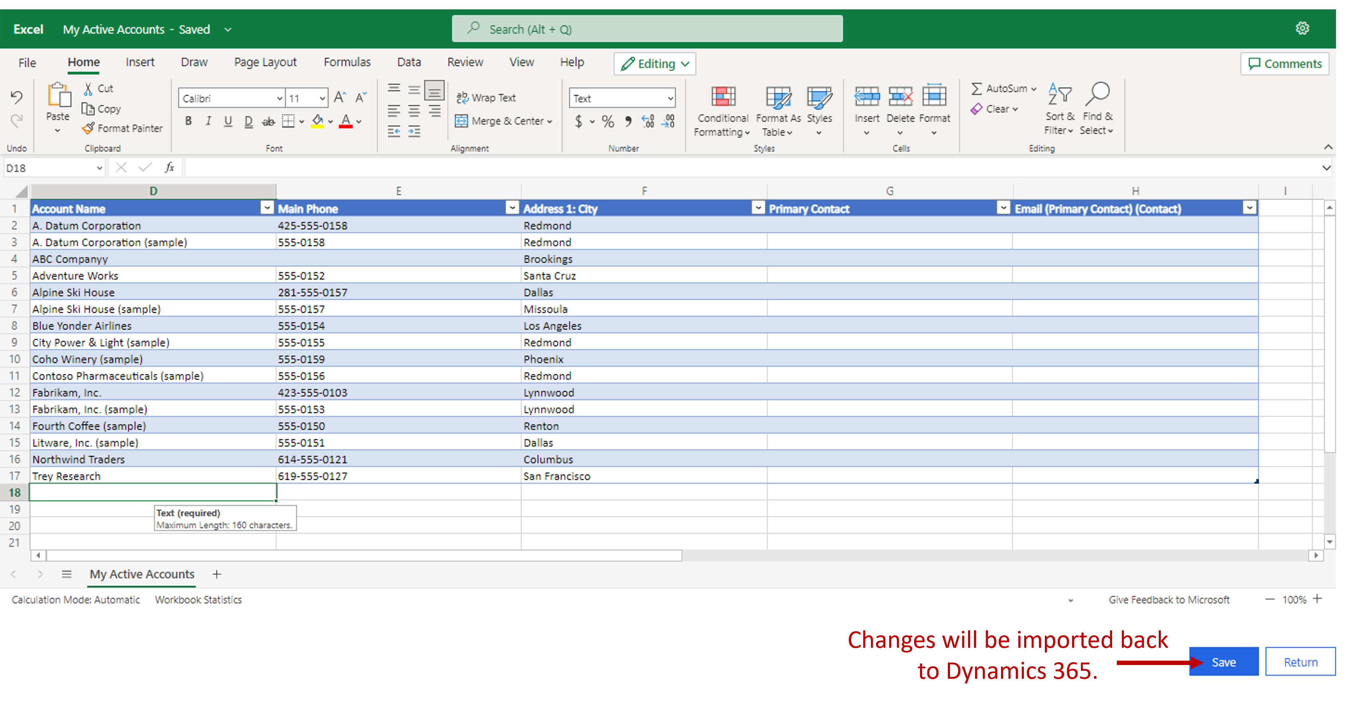 Dynamics 365 data in Excel Online. Save button is highlighted. Changes are imported back to Dynamics 365 when you select Save.