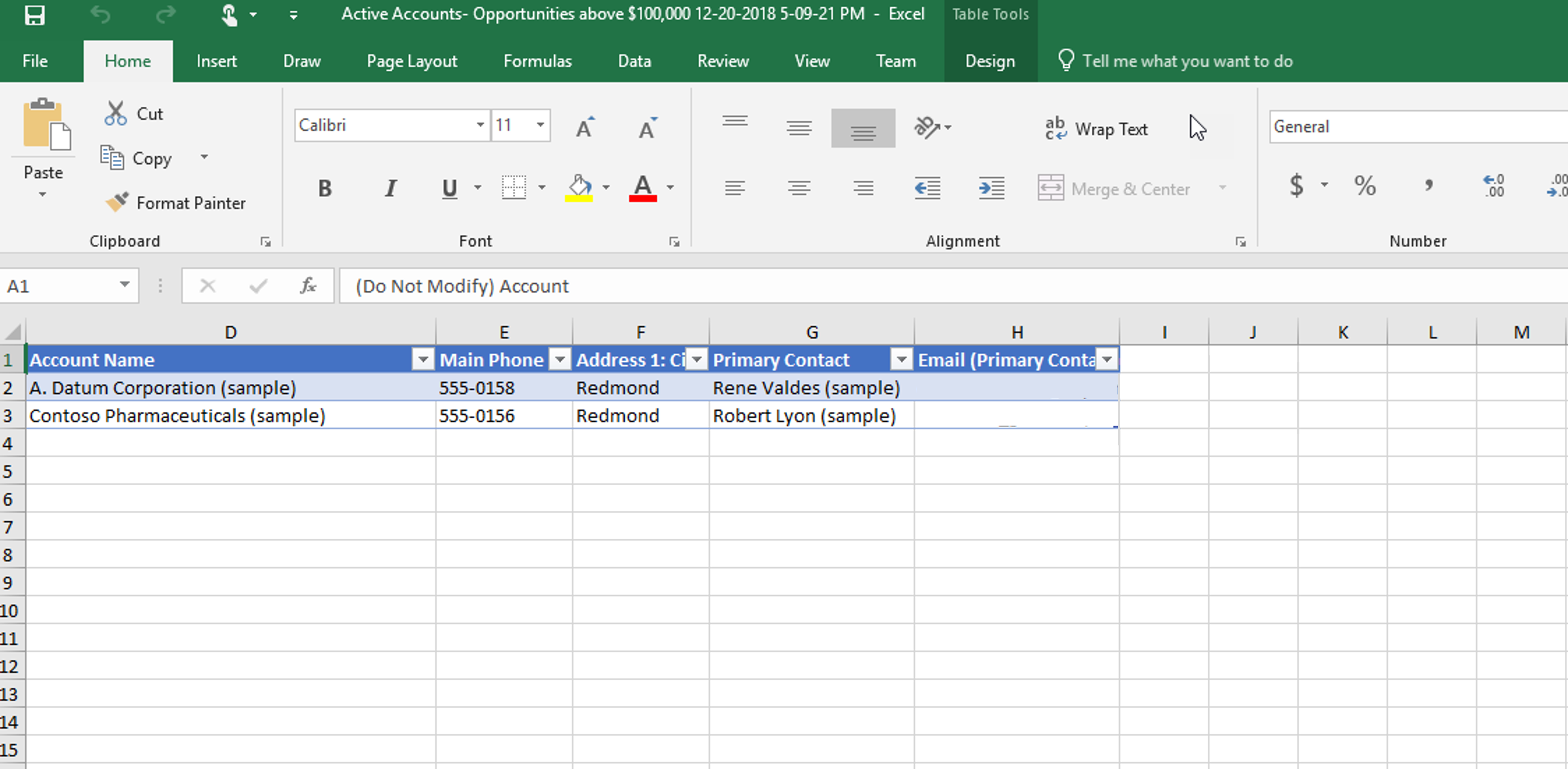 Dynamics 365 data exported to Excel from Active Accounts: Opportunities above $100,000.