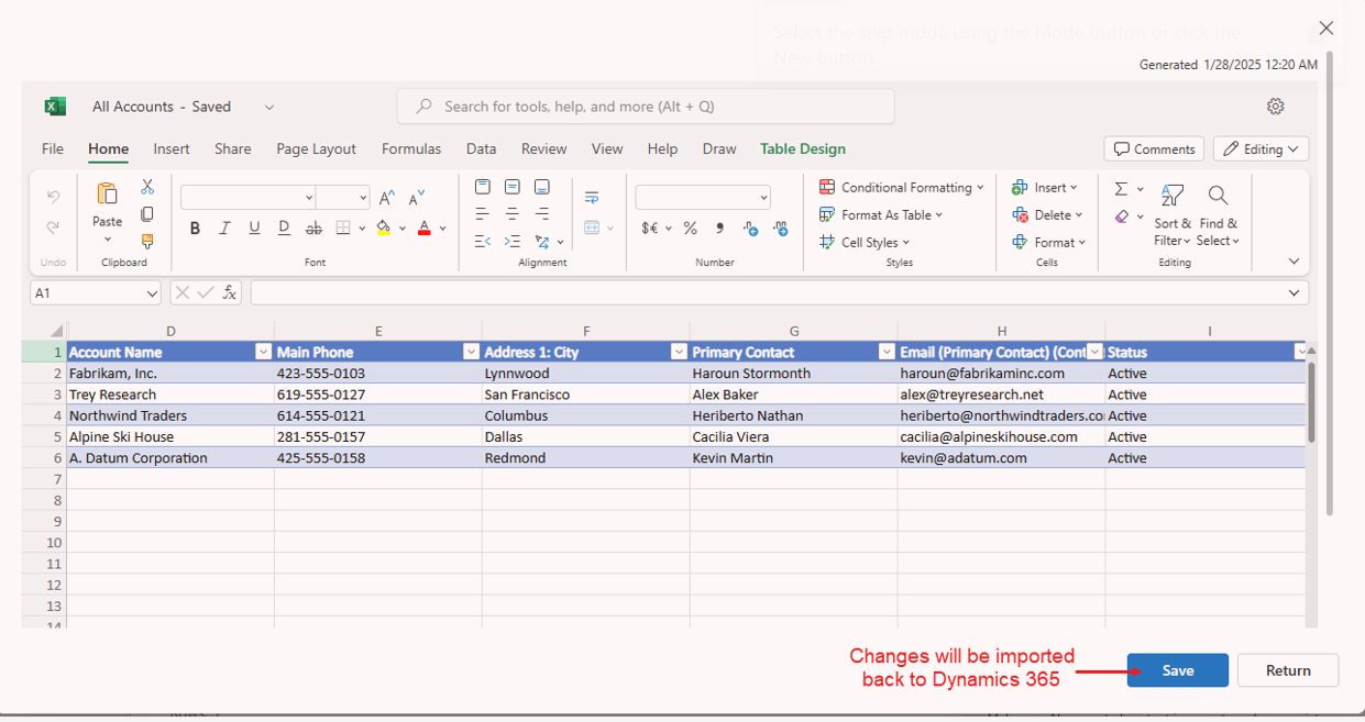 Screenshot of Dynamics 365 data in Excel Online with the Save button highlighted.