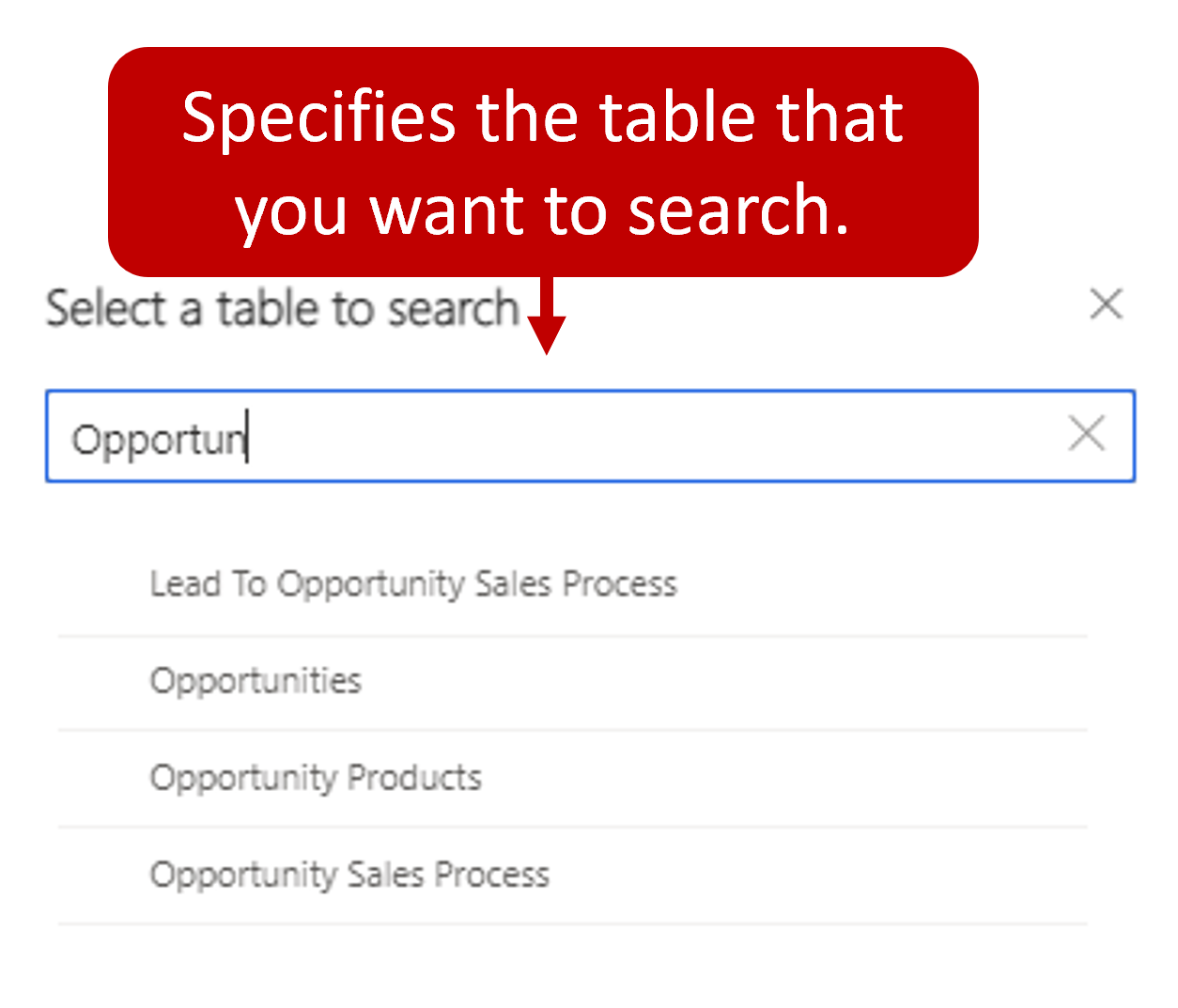 Screenshot showing the advanced find panel with the note Specifies the table that you want to search.